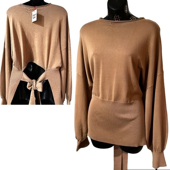 Tie Back Belt Ribbed Mocha Mousse Sweater Mock Neck Billow Sleeve Size L NWT - Picture 5 of 16